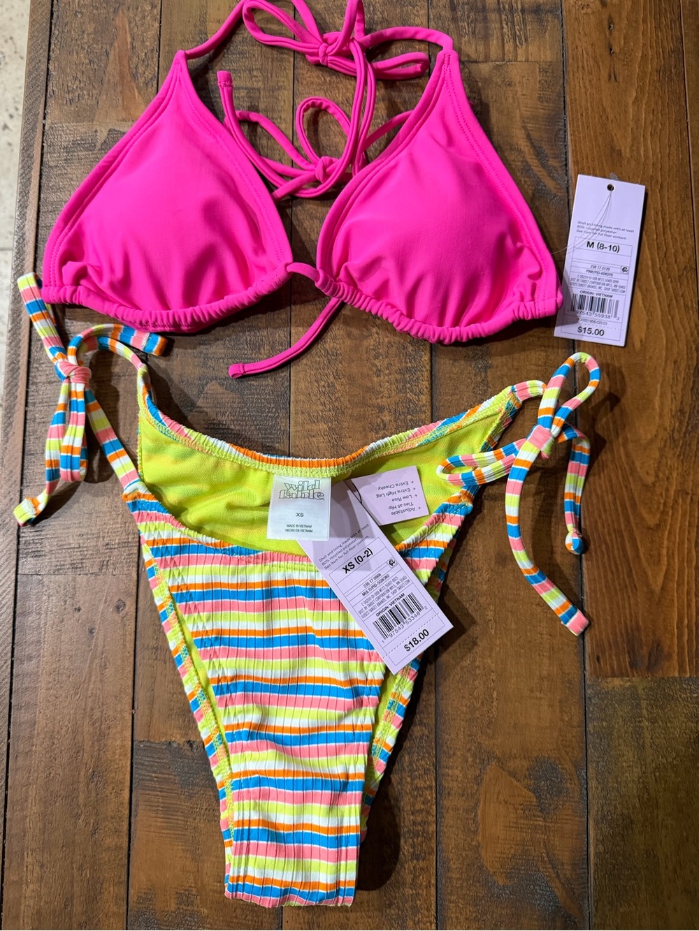 Hot Pink Triangle Bikini Top with Rainbow Stripe Tie-Side Bottoms